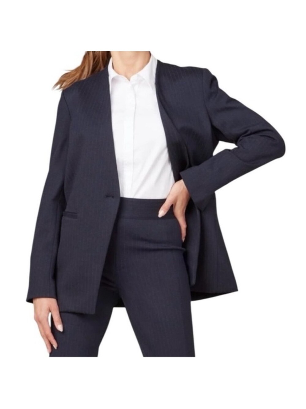 Spanx Collarless ponte knit navy single-button pinstripe blazer NWT